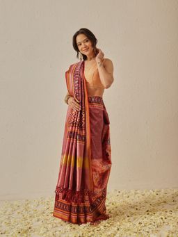 Silk Land - Mauve Double Ikkat Patola Twill Silk Weaving Border Saree with Unstitched Blouse