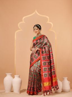 Silk Land - Green Double Ikkat Patola Twill Silk Weaving Border Saree with Unstitched Blouse
