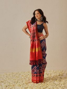 Silk Land - Blue Double Ikkat Patola Twill Silk Weaving Border Saree with Unstitched Blouse