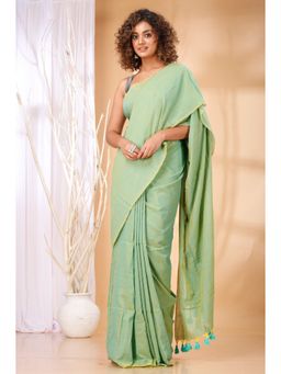 Ruuprekha - Women Aqua Cotton Solid Saree with Unstitched Blouse