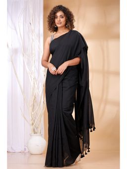 Ruuprekha - Women Black Cotton Solid Saree with Unstitched Blouse