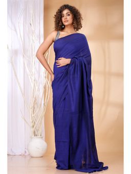 Ruuprekha - Women Blue Cotton Solid Saree with Unstitched Blouse