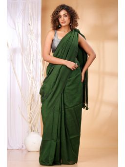 Ruuprekha - Women Green Cotton Solid Saree with Unstitched Blouse