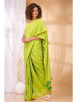 Ruuprekha - Women Green Cotton Solid Saree with Unstitched Blouse
