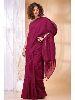 Ruuprekha - Women Magenta Cotton Solid Saree with Unstitched Blouse
