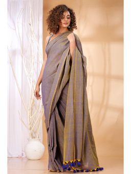 Ruuprekha - Women Beige Cotton Solid Saree with Unstitched Blouse