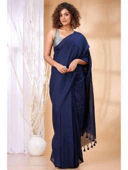 Ruuprekha - Women Navy Blue Cotton Solid Saree with Unstitched Blouse
