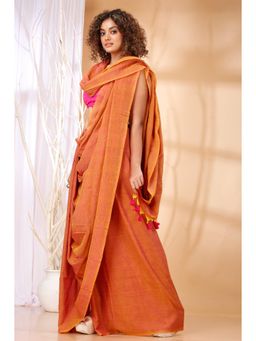 Ruuprekha - Women Orange Cotton Solid Saree with Unstitched Blouse