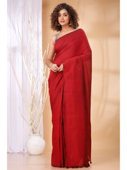 Ruuprekha - Women Red Cotton Solid Saree with Unstitched Blouse