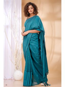 Ruuprekha - Women Teal Cotton Solid Saree with Unstitched Blouse