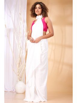 Ruuprekha - Women White Cotton Solid Saree with Unstitched Blouse