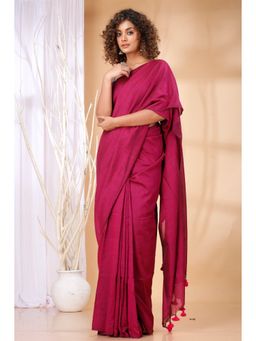 Ruuprekha - Women Magenta Cotton Solid Saree with Unstitched Blouse