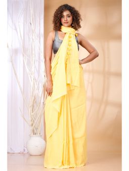 Ruuprekha - Women Yellow Cotton Solid Saree with Unstitched Blouse