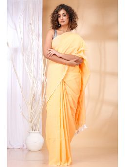 Ruuprekha - Women Yellow Cotton Solid Saree with Unstitched Blouse