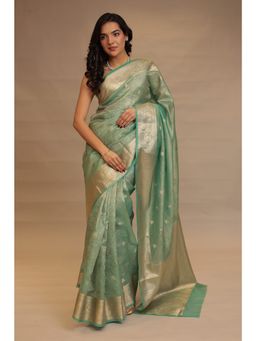Zari Jaipur - Women Green Tissue Woven Saree with Unstitched Blouse