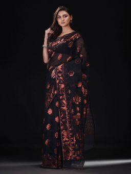 Beatitude - Black Cotton Silk Woven Jacquard Jamdani Saree with Unstitched Blouse