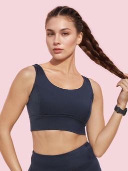 Enamor - A206 Womens Criss Cross High Impact Long Line Sports Bra Navy Blue