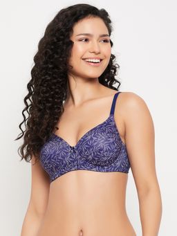 Clovia - Polyamide Printed Padded Full Cup Wire Free T-Shirt Bra - Blue