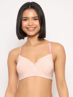 Clovia - Polyamide Printed Padded Full Cup Wire Free T-Shirt Bra - Peach