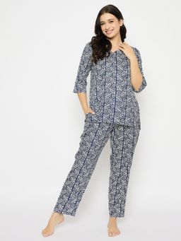 Clovia - Rayon Printed Top And Pyjama Navy Blue (Set of 2)