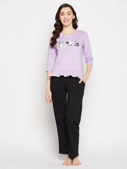 Clovia - Cotton Printed Top And Pyjama Lavender (Set of 2)