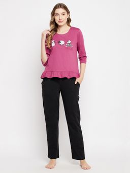 Clovia - Cotton Printed Top And Pyjama Purple (Set of 2)