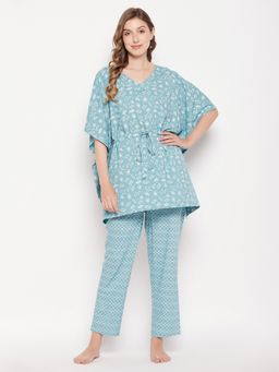 Clovia - Cotton Printed Kaftan And Pyjama Blue (Set of 2)