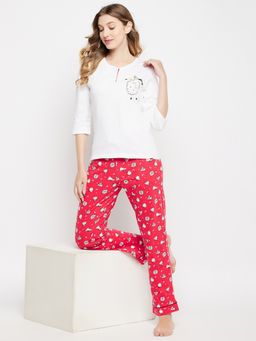 Clovia - Cotton Printed Top And Pyjama Red (Set of 2)