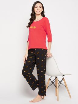 Clovia - Cotton Printed Top And Pyjama Red (Set of 2)
