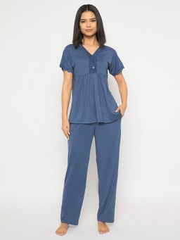 Clovia - Spandex Solid Top And Pyjama Blue (Set of 2)
