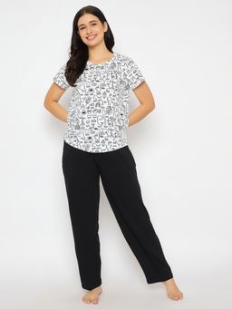 Clovia - Cotton Printed Top And Pyjama White (Set of 2)