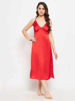 Clovia - Satin Solid Long Night Dress Red