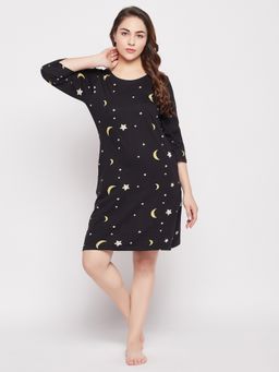Clovia - Cotton Printed Short Night Dress Black