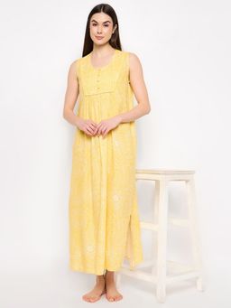 Clovia - Rayon Printed Long Night Dress Yellow
