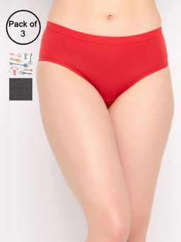 Clovia - Cotton Spandex Medium Waist Inner Elastic Hipster Panty Multi-Color (Pack of 3)