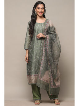 Biba - Olive Chanderi Unstitched Suit (Set of 3)