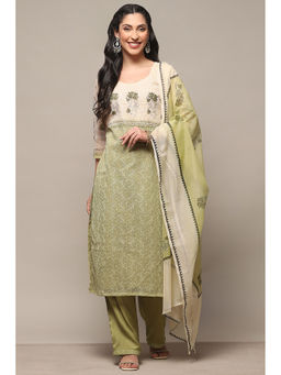 Biba - Olive Cotton Blend Unstitched Suit (Set of 3)