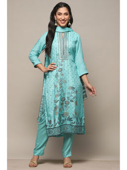 Biba - Turquoise Chanderi Unstitched Suit (Set of 3)