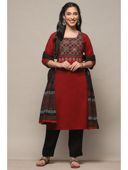 Biba - Maroon Cotton Unstitched Suit (Set of 3)
