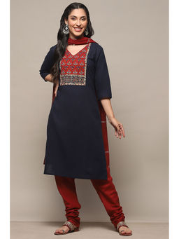 Biba - Navy Blue Cotton Unstitched Suit (Set of 3)