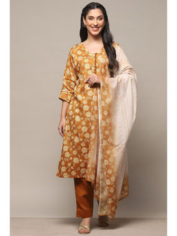 Biba - Mustard Satin Unstitched Suit (Set of 3)