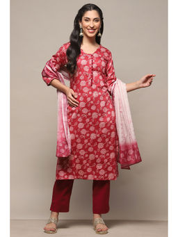 Biba - Wine Satin Unstitched Suit (Set of 3)