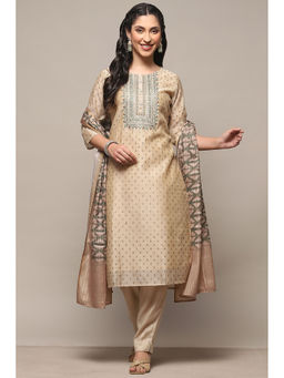 Biba - Beige Chanderi Unstitched Suit (Set of 3)