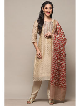 Biba - Beige Chanderi Unstitched Suit (Set of 3)