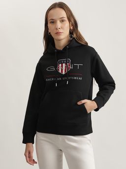 GANT - Women Black Embroidered Hooded Full Sleeves Sweatshirt