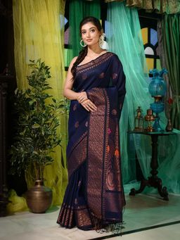 CHARUKRITI - Navy Blue Linen Handwoven Soft Saree With Temple Border with Unstitched Blouse