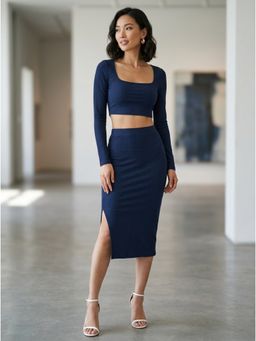 KOTTY - Blue Solid Cotton Blend Regular Co-Ord Set