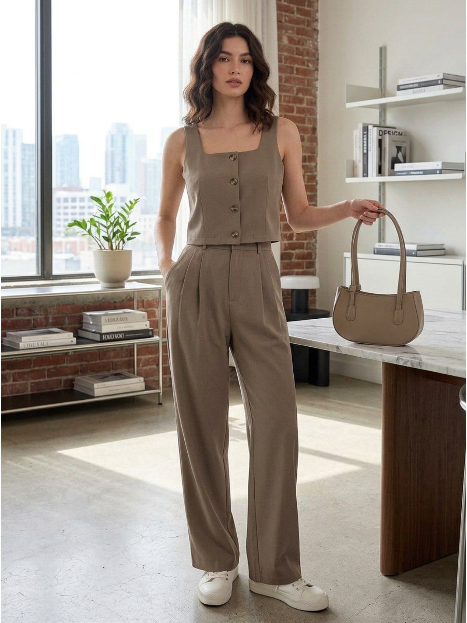 kotty Brown Solid Viscose Rayon Regular Co-Ord Set-picture-32