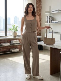 KOTTY - Brown Solid Viscose Rayon Regular Co-Ord Set