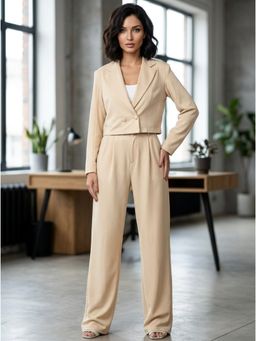 KOTTY - Beige Solid Viscose Rayon Regular Co-Ord Set